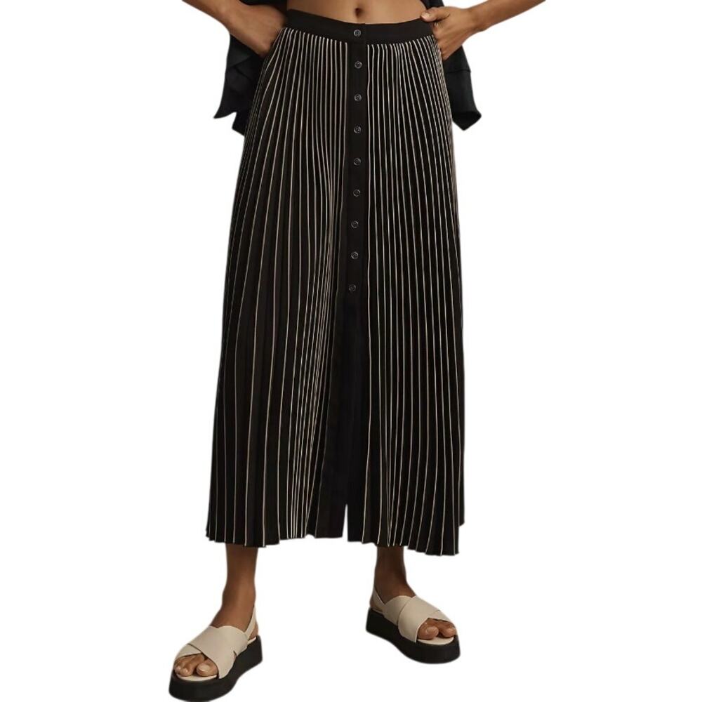 NWT Maeve Anthropologie Striped Button-Front Pleated Maxi Skirt Black/White L